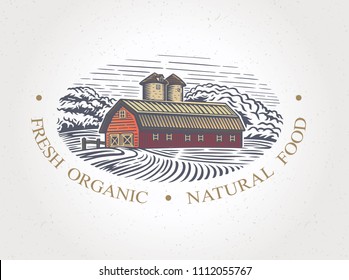 Graphic landscape with farm and field as an element graphic design element for the create of the label or trademark.