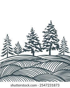 Graphic landscape of fir tree in field silhouette. Happy New Year . hand drawing. Not AI, Vector illustrations