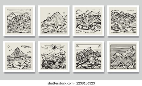 Graphic landscape with mountains and hills and clouds. Hand drawn emblem or background. Linocut style illustration.