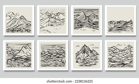 Graphic landscape with mountains and hills and clouds. Hand drawn emblem or background. Linocut style illustration.