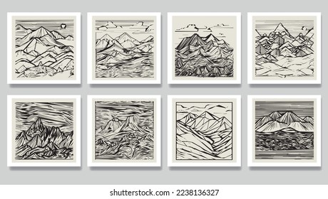 Graphic landscape with mountains and hills and clouds. Hand drawn emblem or background. Linocut style illustration.