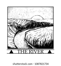 Graphic Landscape With Mountains And Hills, River And Sun. Can Be Used Like Emblem Or Background, Etc. Linocut Style Illustration.