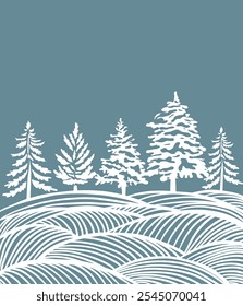 Graphic landscape of snowy fir trees in the forest. Happy New Year . hand drawing. Not AI, Vector illustrations