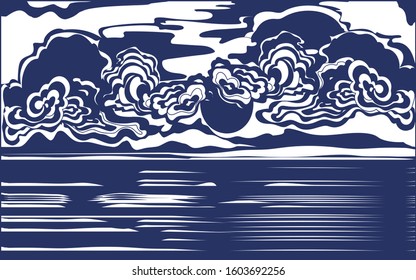 Graphic landscape. The sun in the clouds over the blue blue sea on a white background. East landscape. Concept for decoration, relaxation, recovery, meditation background