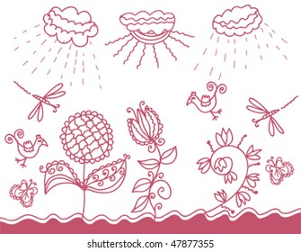 Graphic landscape with weather motives and animals