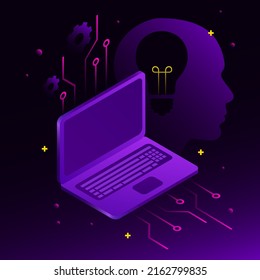 Graphic Laptop And Human Profile Outline. AI Illustration. Vector Illustration