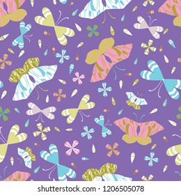 Graphic Large Scale Butterflies Seamless Vector Pattern. Hand Drawn Textured AnimaI llustration for Kids Girl Fashion Prints, Retro Packaging, Pretty Paper Goods, Wrap or Spring Colors Stationery. 