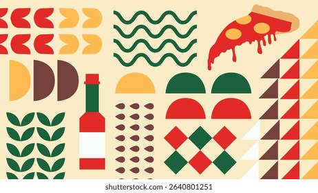 Graphic layout with pizza toppings, vegetables, and grid-based ingredients design in soft tones. Ideal for food menus and Italian cuisine visuals.