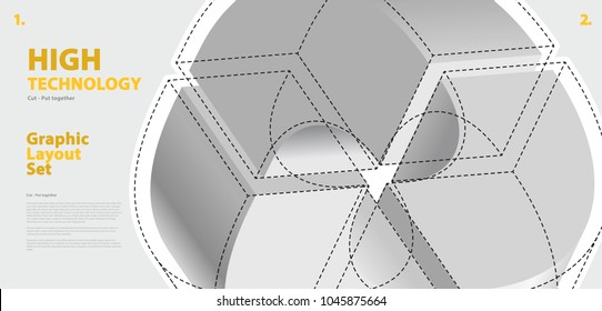 Graphic layout set with abstract curved vector shape, reminiscent of technological development, nanotechnology component. Isometric brand high technology institution, research center, laboratories.