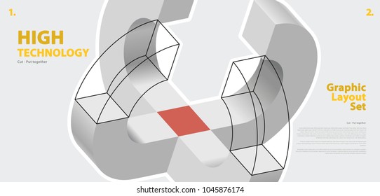 Graphic layout set with abstract curved vector shape, reminiscent of technological development, nanotechnology component. Isometric brand high technology institution, research center, laboratories.