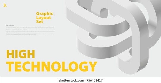 Graphic layout set with abstract curved vector shape, reminiscent of technological development, nanotechnology component. Isometric brand high technology institution, research center, laboratories.