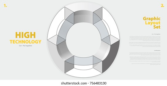 Graphic layout set with abstract curved vector shape, reminiscent of technological development, nanotechnology component. Isometric brand high technology institution, research center, laboratories.