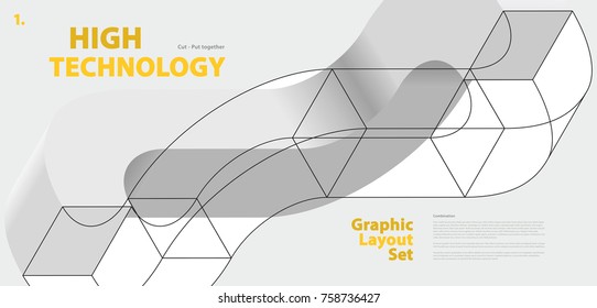 Graphic layout set with abstract curved vector shape, reminiscent of technological development, nanotechnology component. Isometric brand high technology institution, research center, laboratories.