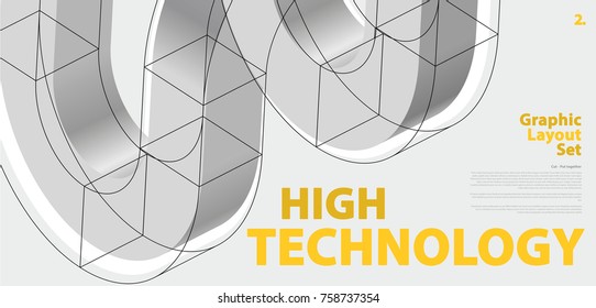 Graphic layout set with abstract curved vector shape, reminiscent of technological development. Isometric brand high technology institution, research center, laboratories.