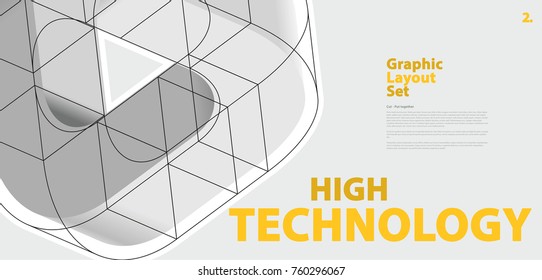 Graphic layout set with abstract curved vector shape, reminiscent of technological development, nanotechnology component. Isometric brand high technology institution, research center, laboratories.