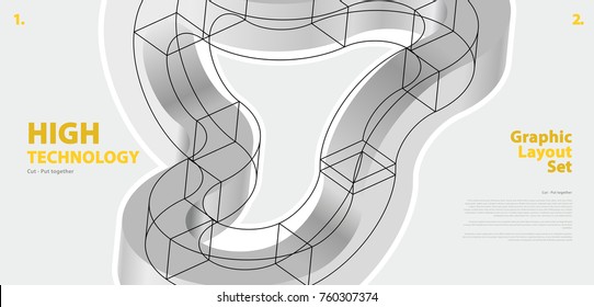 Graphic layout set with abstract curved vector shape, reminiscent of technological development, nanotechnology component. Isometric brand high technology institution, research center, laboratories.