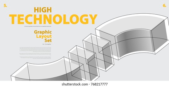 Graphic layout set with abstract curved vector shape, reminiscent of technological development, nanotechnology component. Isometric brand high technology institution, research center, laboratories.