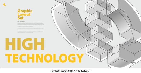 Graphic layout set with abstract curved vector shape, reminiscent of technological development, nanotechnology component. Isometric brand high technology institution, research center, laboratories.