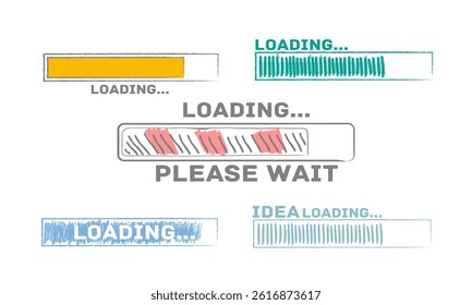Graphic layout with upload button and app interface shows online system process and network transfer for virtual website with status indicator, loading bar and colorful horizontal progress set