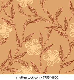Graphic leaves and flower hand drawn seamless pattern on brown background design textile, fabric repeating background design for all web and print purposes