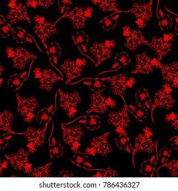 Graphic leaves and flower hand drawn seamless pattern on red background design textile, fabric repeating background design for all web and print purposes