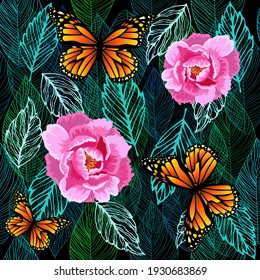 Graphic leaves seamless green pattern with flowers and butterflies. vector illustration