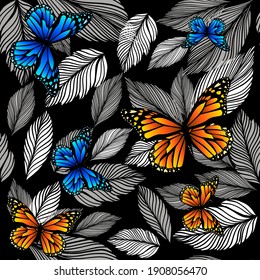 Hojas gráficas sin fisuras, patrón monocromo con mariposas. ilustración vectorial