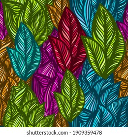 Graphic leaves seamless multicolored pattern. vector illustration