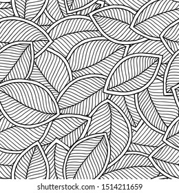 Graphic leaves seamless pattern. Vector simple drawing. Coloring book page design for adults and kids. For textile or packaging.
