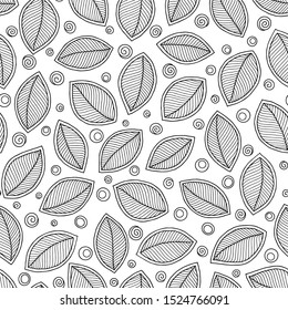 Graphic leaves seamless pattern. Vector simple drawing. Coloring book page design for adults and kids. For textile or packaging.