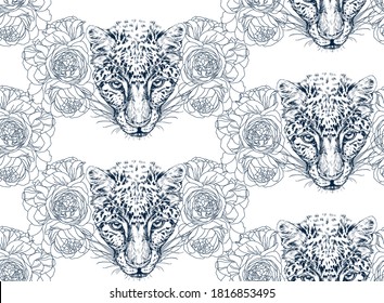 
Graphic leopard with rose flowers seamless pattern