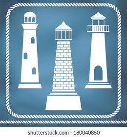 Graphic Lighthouse Silhouette Set And Rope Border.