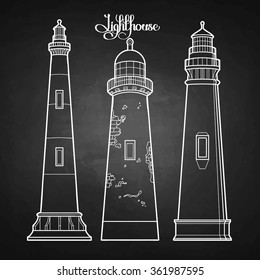Graphic lighthouses set:  three variants of the architectural form.  Graphic vector illustration isolated on chalkboard