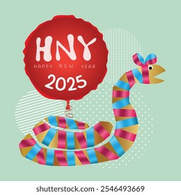 Graphic like snake wrapped by pink and blue ribbons with text HNY on red balloon over geometric graphic shapes on green background
