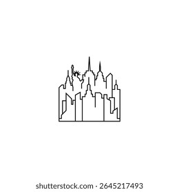 Graphic line art design of cities building, skylight, city, town. Monoline design of new york skyline for logo. Outline tower for logo. Symbol for construction, architecture. Icon statue of Liberty.