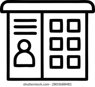 Graphic line art icon showcasing employee profile card with contact information and categorized boxes for staff data management human resources administration records tracking system.
