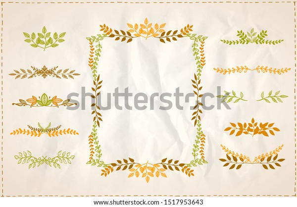 Graphic line autumn branches frame and dividers set\
on a paper, vintage\
style