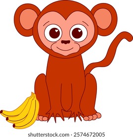 Graphic line Cartoon cute monkey chimpanzee with bananas composition. Vector illustration of happy monkey character design isolated. 2028 china new year