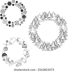 graphic line circle round frame set with winter elements. Vector frame with snowflakes, pine tree forest, ski equipment

