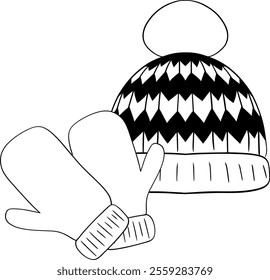 Composição da linha gráfica com chapéu de inverno e luvas. Ilustração desenhada à mão vetorial. 
