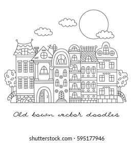 Graphic line doodles drawing of old european town street buildings houses