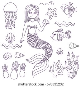 Graphic line drawing mermaid sea creatures water plants fish shell vector set