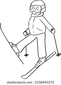 Graphic line drawing of Skier smiling having rest on the mountain. Sports and recreation in the mountains. isolated for your design works. Vector illustration on transparent background

