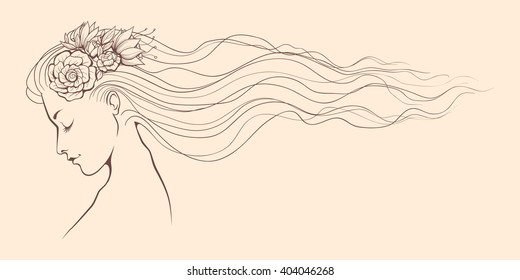 graphic line gentle young woman with a flowers in her hair