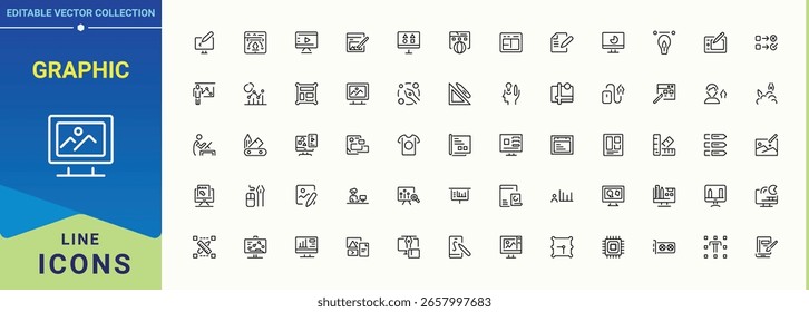 Graphic line icon set. Outline icons pack. Art And Design simple icon set. Included artwork, paint, creativity, digital, artistic, art and design, art and more.