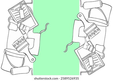 Modelo de moldura de borda vertical sem costura de tinta de linha gráfica com ferramentas de pintura Padrão de equipamento Painter. Pincel de vetor, lata de cor, rolo, bandeja de tinta, avental. Textura para materiais de pintura.