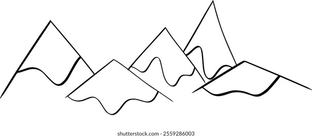 Linha gráfica montanhas vetor composição com paisagem horizontal e falésias cobertas com ilustração de neve
