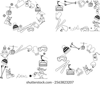 Graphic line oval frame set with ski equipment Skis, boots, sunglasses, hat, gloves, mitten in graphic line style. Vector graphic line template on transparent background.
