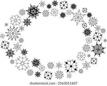 Graphic line oval frame with snowflakes isolated on white transparent background. Vector Powder with detailed particles. Circle of snow crystals.
