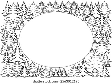 Graphic line pine tree forest oval frame. Vector Isolated on white transparent background illustration
